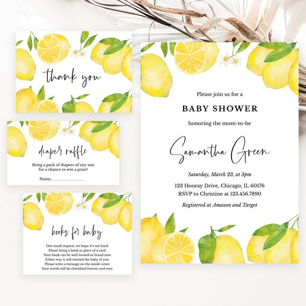 Editable Lemon Baby Shower Invitation Bundle, Lemon Baby Shower Invite, Gender Neutral Lemon Baby Shower Invite, Lemon Template BBS295