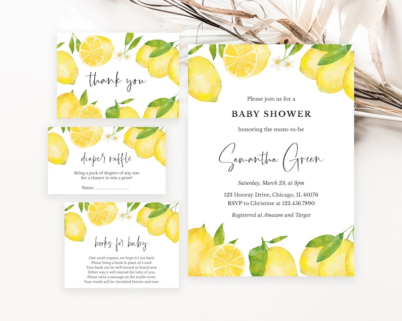 May include: A collection of baby shower stationery with watercolour lemon and green leaf designs. The set includes a baby shower invitation, thank you card, diaper raffle card, and a books for baby card. The invitation includes the text "Baby Shower" and the name "Samantha Green".