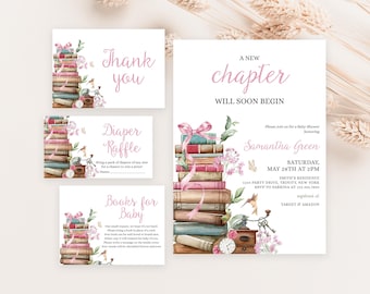 Editable New Chapter Begins Baby Shower Invitation Bundle, Pink Book Themed Baby Shower Invite, Girl Books Baby Shower Invitation, BBS1056