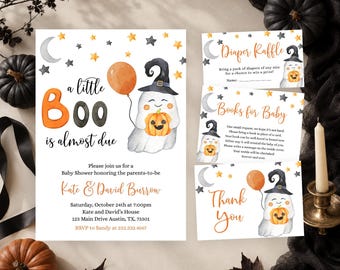 Editable A Little Boo almost due Baby Shower Invitation Bundle, Gender Neutral Halloween Baby Shower Invite, Ghost Halloween Shower, BBS328
