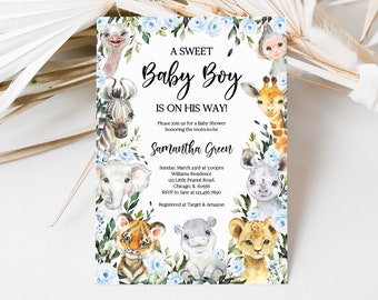 Invitación editable de Sweet Baby Boy Safari Baby Shower, invitación de baby shower de safari floral azul, invitación de baby shower de animales de Safari, BBS723