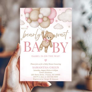 Editable Brown Bear Balloon Baby Shower Invitation, We Can Bearly Wait Baby Shower Invite, Pink Boho Bear Girl Baby Shower, BBS389
