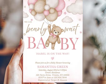 Faire-part de baby shower modifiable ours brun ballon, we can bearly wait baby shower inviter, baby shower fille ours bohème rose, BBS389
