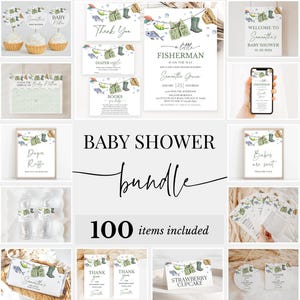 May include: A baby shower bundle with a fishing theme. The bundle includes 100 items, such as invitations, thank you cards, and decorations. The items feature a watercolor illustration of fishing gear, including a fishing rod, a tackle box, and a pair of boots. The text on the items includes the words "A Little Fisherman is on the Way" and "Baby Shower Bundle".