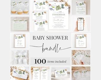 Editable A Little Fisherman Baby Shower Bundle, Boy Fishing Baby Shower Invitation Pack, Green Fishing Baby Shower Games Package, BBS687
