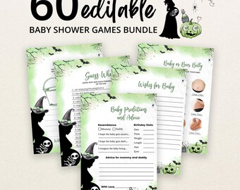 Editable Green A Baby is Brewing Halloween Baby Shower Game Bundle, Skeleton Baby Shower Game Pack, Neutral Halloween Witch Games, BBS813