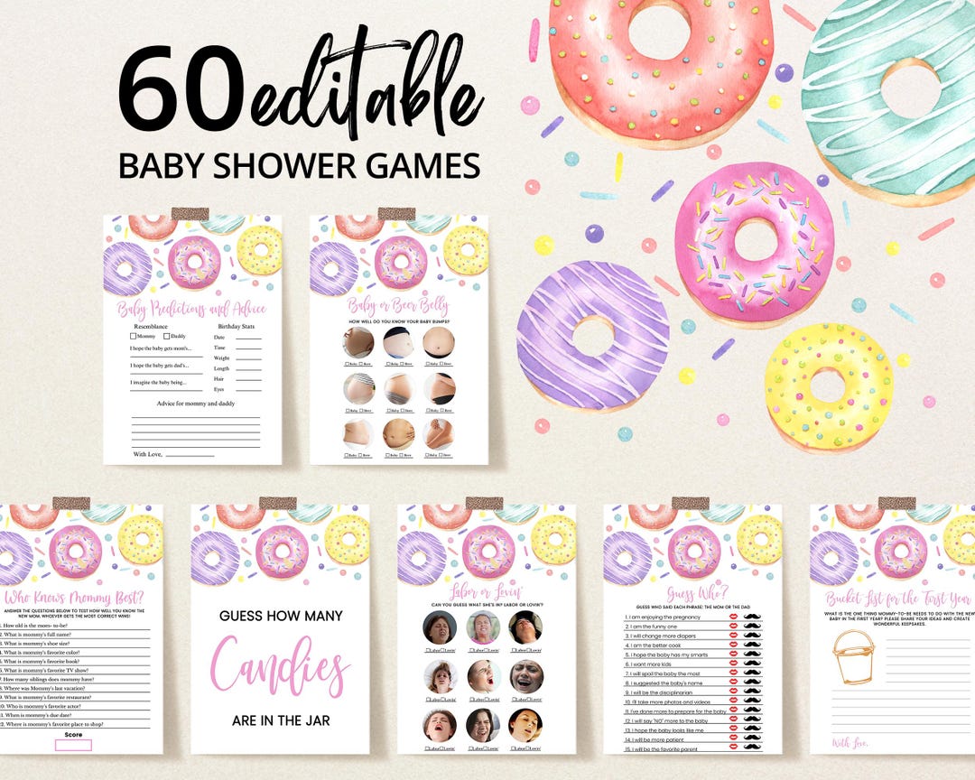 Editable Donuts and Diapers Baby Shower Game Bundle, Girl Donuts Baby ...