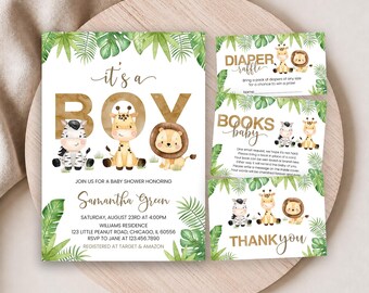 May include: A baby shower invitation set featuring watercolor illustrations of a zebra, giraffe, and lion surrounded by green tropical leaves. The text includes 'it's a BOY', 'DIAPER RAFFLE', 'BOOKS for baby', and 'THANK you' with event details.