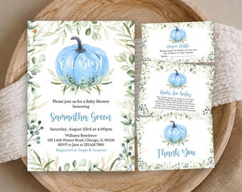 May include: A baby shower invitation set featuring a watercolor light blue pumpkin with the text Oh Boy! surrounded by green foliage. The set includes a diaper raffle card, a books for baby card, and a thank you card with matching designs.