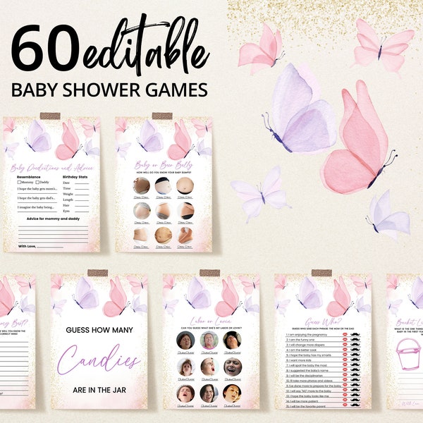 Editable Pink Purple Butterfly Baby Shower Game Bundle, Pastel Girl Baby Butterfly Baby Shower Game Pack, Pink Gold Butterfly Games, BBS626