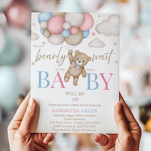 Editable Gender Revel Bear Baby Shower Invitation, Girl Boy We Can Bearly Wait Baby Shower Invite, Pink Blue Boho Bear Shower Shower, BBS824