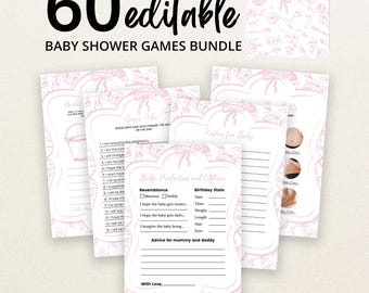 Puede incluir: Un paquete de 60 tarjetas de juegos para baby shower editables con un diseño de borde de flores y lazos en rosa claro. Las tarjetas incluyen texto impreso como Baby Predictions and Advice, Guess Who y Wishes for Baby con líneas en blanco.