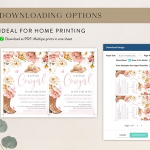 May include: Printable PDF invitation for a baby shower. The invitation features a pink and white floral design with a cowboy hat and boots. The text reads "A Little Cowgirl is on the Way!" and includes the name Samantha Green.