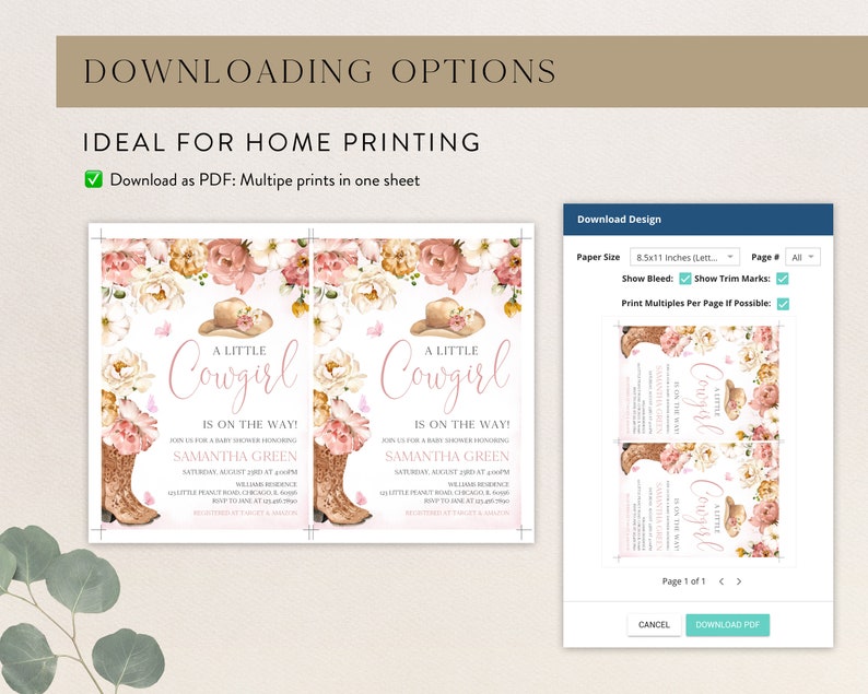 May include: Printable PDF invitation for a baby shower. The invitation features a pink and white floral design with a cowboy hat and boots. The text reads "A Little Cowgirl is on the Way!" and includes the name Samantha Green.