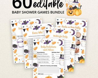 May include: A bundle of 60 editable baby shower game cards featuring Halloween-themed watercolor illustrations of ghosts, black cats, pumpkins, bats, and moons. The printed text includes titles like Guess Who, Wishes for Baby, and Baby Predictions and Advice.