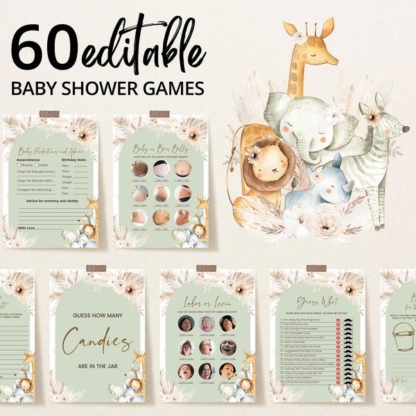 Editable Boho Safari Hello Baby Baby Shower Game Bundle, Wild One Safari Baby Shower Game Pack, Safari Animals Baby Shower Games, BBS505