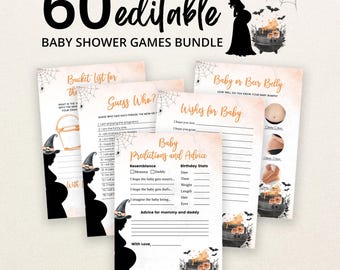 Editable A Baby is Brewing Orange Halloween Baby Shower Game Bundle, Gender Neutral Halloween Baby Shower Game Pack, Witch Games BBS431