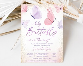 Editable Pink Purple Butterfly Baby Shower Invitation, Pastel Girl Baby Butterfly Baby Shower Invite, Pink Purple Gold Butterfly ,BBS626