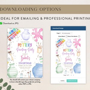 May include: A printable invitation for a pottery painting party. The invitation features a watercolor illustration of pottery, paintbrushes, and paint palettes. The text on the invitation reads "Please join us for a Pottery Painting Party in honor of Isabel's 5th Birthday".