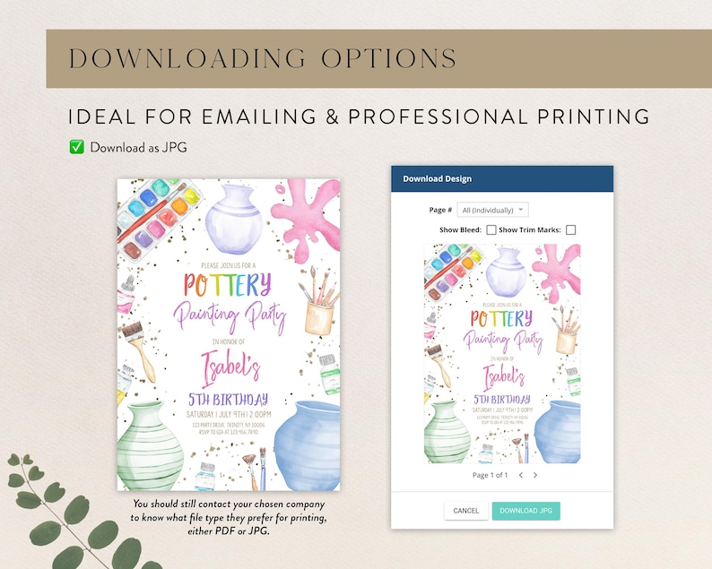May include: A printable invitation for a pottery painting party. The invitation features a watercolor illustration of pottery, paintbrushes, and paint palettes. The text on the invitation reads "Please join us for a Pottery Painting Party in honor of Isabel's 5th Birthday".