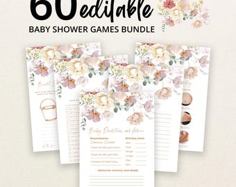 Könnte beinhalten: Ein Set aus 60 bearbeitbaren Babyparty-Spielkarten mit Blumenillustrationen in Rosa-, Creme- und Grüntönen. Die Karten enthalten Texte wie Baby Predictions and Advice, Bucket List und Guess Who sowie leere Zeilen zum Ausfüllen.
