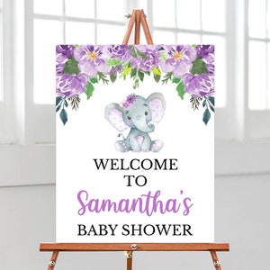 Editable Purple Elephant Baby Shower Welcome Sign, Girl Elephant Welcome Poster Baby Shower,Floral Elephant Baby Shower,Little Peanut,BBS256