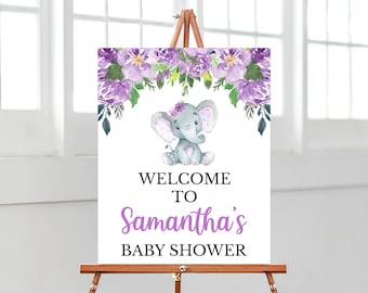 Editable Purple Elephant Baby Shower Welcome Sign, Girl Elephant Welcome Poster Baby Shower,Floral Elephant Baby Shower,Little Peanut,BBS256
