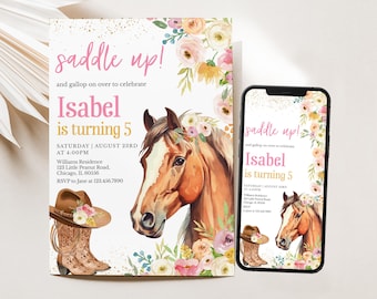 May include: A pink and gold birthday invitation with a watercolor illustration of a brown horse with a floral crown. The invitation says "saddle up! and gallop on over to celebrate Isabel is turning 5".