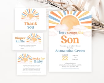 May include: A baby shower invitation with a watercolor illustration of a sun with clouds. The text reads "There comes the Son" and includes the name Samantha Green, the date August 22, and the time 2:00 PM to 5:00 PM. The invitation also includes the address and RSVP information.