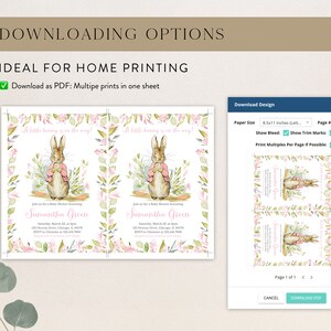 Pu&ograve; includere: Modello di invito per baby shower stampabile in PDF con un'illustrazione ad acquerello di Peter Rabbit con una giacca rosa e il testo "A little bunny is on the way!" e il nome "Samantha Green".