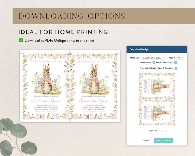 Pu&ograve; includere: Modello di invito per baby shower stampabile in PDF con un'illustrazione ad acquerello di Peter Rabbit con una giacca rosa e il testo "A little bunny is on the way!" e il nome "Samantha Green".