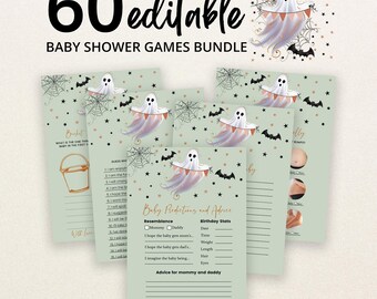May include: A bundle of 60 editable baby shower game cards featuring a sage green background with ghost, spider web, and bat illustrations. The text reads 60 editable BABY SHOWER GAMES BUNDLE and Baby Predictions and Advice with blank lines.