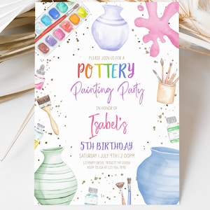 May include: A colorful invitation for a pottery painting party for a child's 5th birthday. The invitation features a watercolor illustration of paintbrushes, paint pots, and a pottery vase.