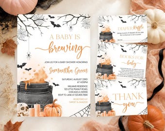 Editable Orange Gender Neutral A Baby is Brewing Halloween Baby Shower Invitation Bundle, Cauldron Baby Shower Invite, Spooky Shower, BBS771