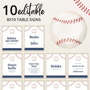 May include: Ten editable 8x10 table signs with a baseball theme. Each sign features a baseball graphic and text such as "Babies are sweet," "Books & Gifts," and "Diaper Raffle." The signs have a white background with navy blue and red accents.