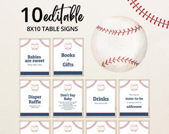 Puede incluir: Una colección de diez letreros de mesa editables de 8x10 con un tema de béisbol. Cada letrero presenta un gráfico de béisbol y texto como "Babies are sweet", "Books & Gifts" y "Diaper Raffle". Los letreros tienen un fondo blanco con detalles en azul marino y rojo.