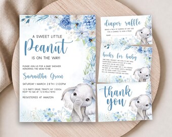 May include: A baby shower invitation set featuring blue floral watercolor accents and a cartoon elephant. The main card reads A SWEET LITTLE Peanut IS ON THE WAY! along with event details for Samantha Green. Includes diaper raffle and book cards.
