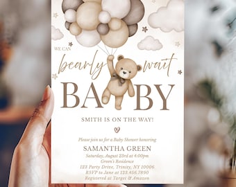 Faire-part de baby shower modifiable avec un ours neutre, nous pouvons attendre une invitation pour baby shower, baby shower d'ours brun bohème, ours neutre BBS391