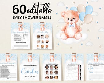 Pacchetto di giochi per baby shower modificabili con orsetto bruno e palloncino, pacchetto di giochi per baby shower "We Can Bearly Wait", giochi per baby shower con orsetto blu e boho, BBS1044