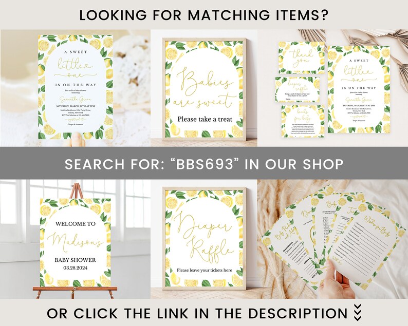 May include: A set of printable baby shower decorations featuring a lemon theme. The decorations include a welcome sign, a diaper raffle sign, a 'babies are sweet' sign, and several cards with text such as 'A sweet little one is on the way' and 'Thank you'.