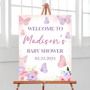 Panneau de bienvenue modifiable pour baby shower rose violet papillon, affiche florale de baby shower bébé papillon, décor papillon or rose, BBS627