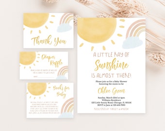 Editable Sunshine Baby Shower Invitation Set, A Little Ray of Sunshine Baby Shower Invite, Girl Sun Baby Shower, Boho Sunshine Shower,BBS315