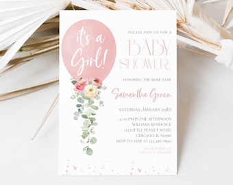 Editable It's a Girl Baby Shower Invitation, Pink Balloon Baby Shower Invitation, Pink Girl Eucalyptus Baby Shower Invitation, BBS646
