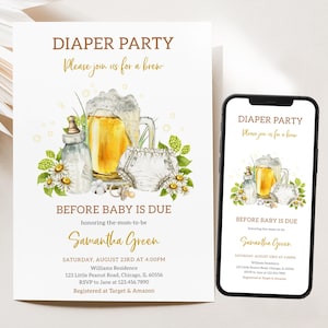 Invitación editable para baby shower con cerveza y pañales, fiesta de pañales antes del nacimiento del bebé, invitación para baby shower con cerveza y pañales, baby shower para parejas, BBS904
