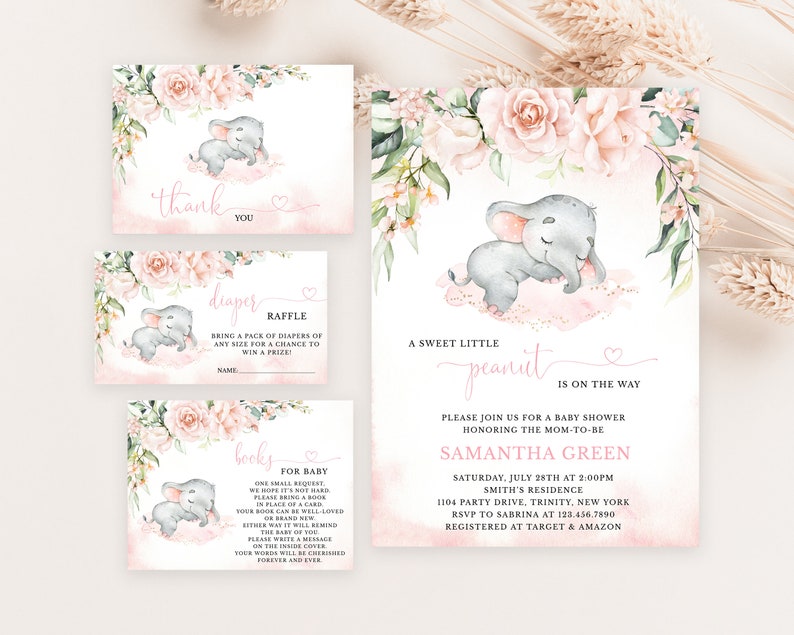 Editable Blush Girl Elephant Baby Shower Invitation Bundle, Pink Floral ...