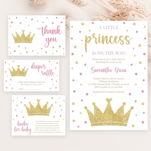 Editable Little Princess Baby Shower Invitation Bundle, Pink and Gold Princess Baby Shower Invite, Princess Crown Baby Shower, BBS722