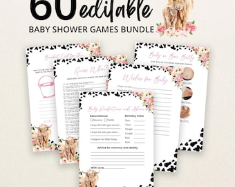 Op de afbeelding: Een bundel van 60 bewerkbare babyshower-spelkaarten met een zwart-witte koeienprintrand, aquarel bloemenaccenten en illustraties van hooglandrunderen. De tekst bevat titels zoals Bucket List, Guess Who en Baby Predictions.