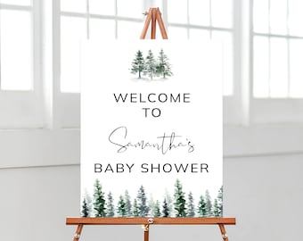 Editable Adventure Awaits Baby Shower Welcome Sign, Pine Tree Baby Shower Poster, Minimalist Pine Trees Winter Baby Shower Decoration,BBS337