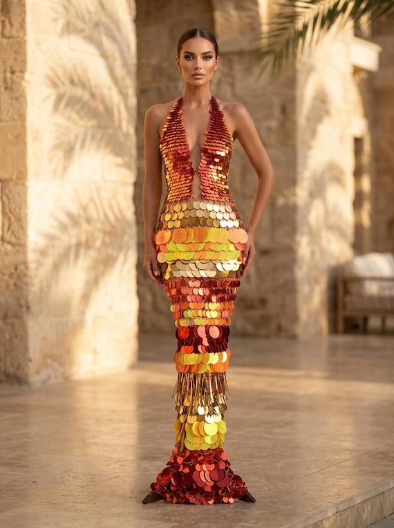 multi coloured glitter dress multicolor sequin Handmade Statement Mermaid Dress sparkly rainbow sequin dress