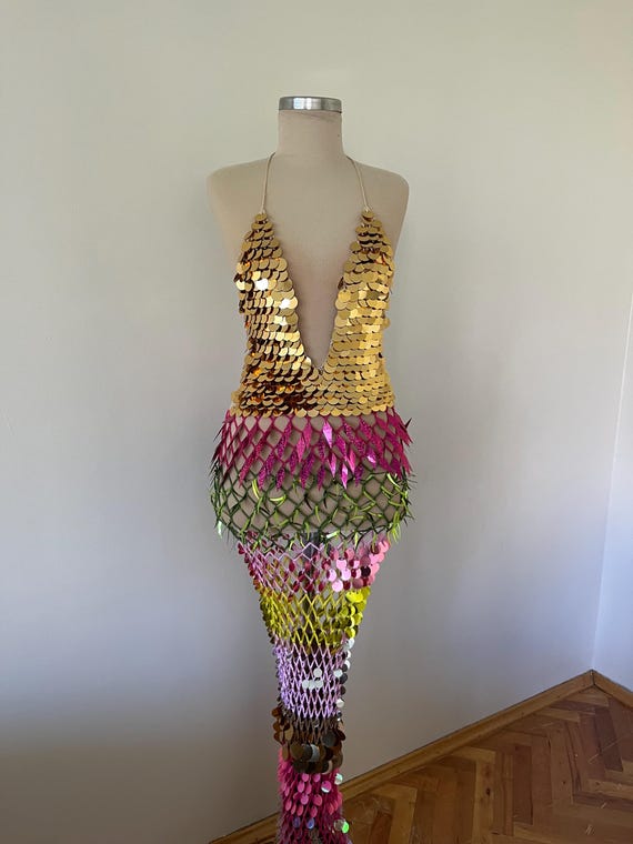 gold mesh dress festival Golden Sequin Crochet Dress, Deep V Maxi Dress, Outfit, Handmade Dress, Boho Glam Evening Dress, Sexy Summer Crochet dress